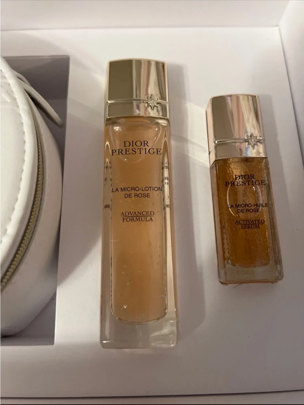 Dior Prestige White Round Cosmetic Pouch with 2 Prestige Products